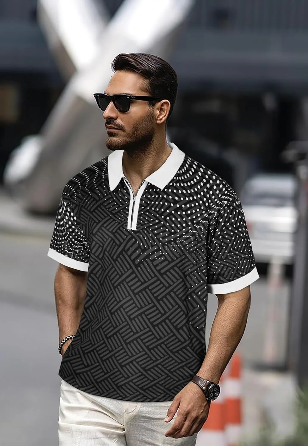 Mens Polo Shirts Short Sleeve Zipper T Shirt Casual Slim Fit Golf Tops