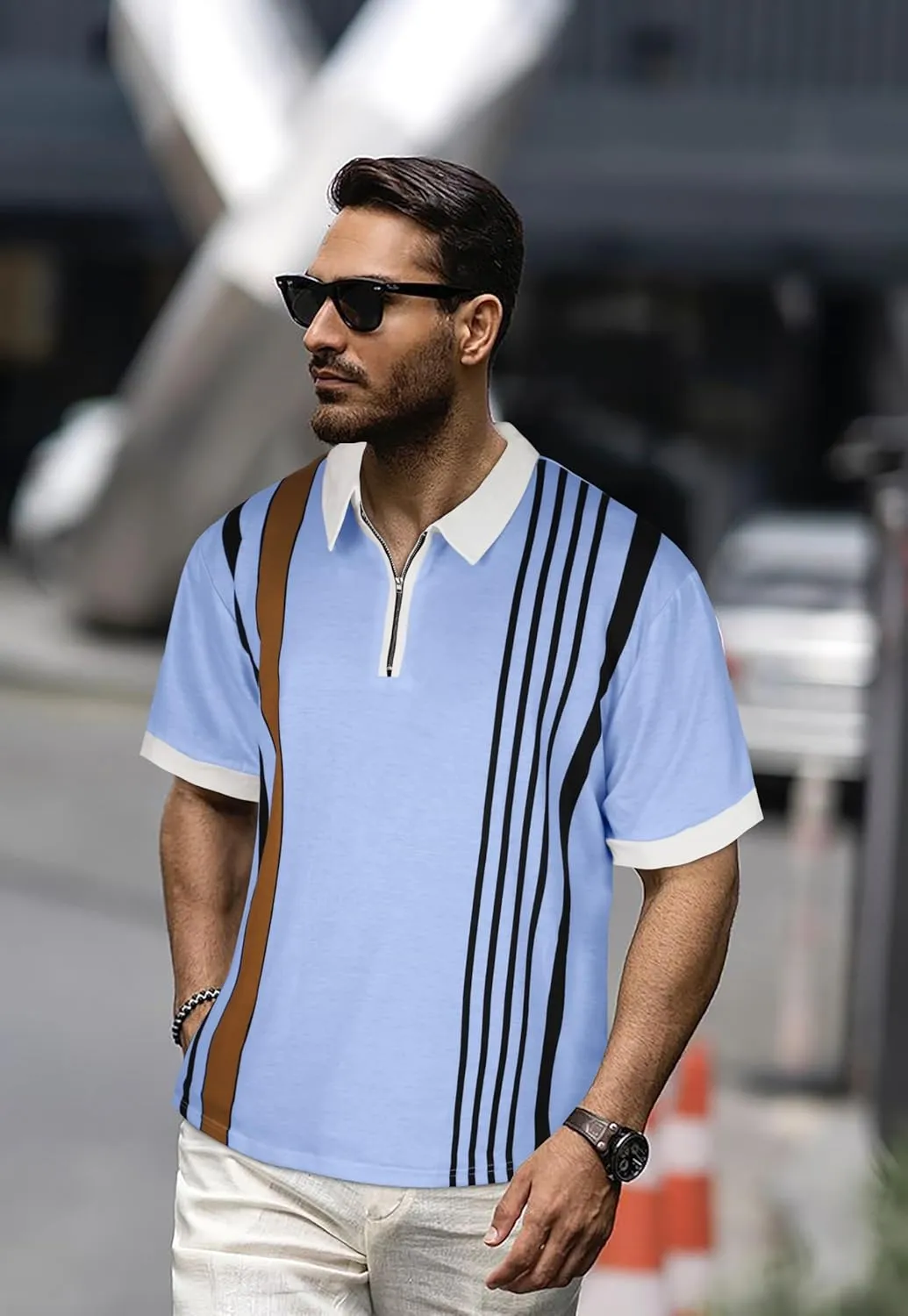 Mens Polo Shirts Short Sleeve Zipper T Shirt Casual Slim Fit Golf Tops