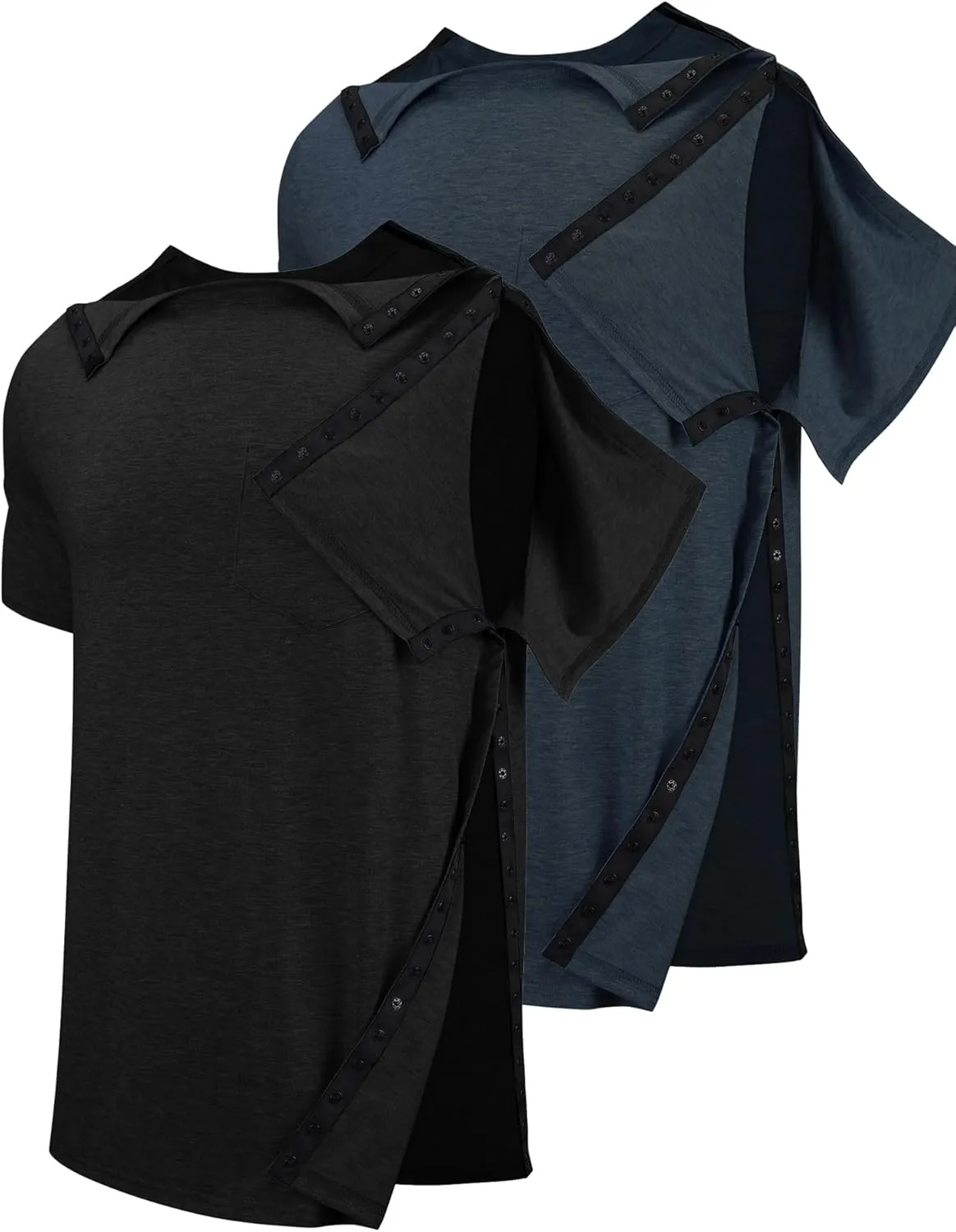 Men's Post Shoulder Surgery Recovery Shirts Tear Away Short Sleeve Full Open Side Snap Dialysis Chemo Clothing