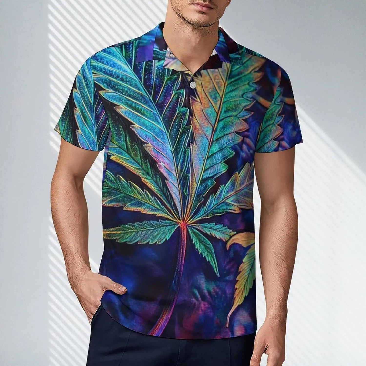 Men's Psychedelic Bright Cannabis Leafs Polo Shirts Short Sleeve Cool Golf Shirt Quick-Dry Activewear Polos
