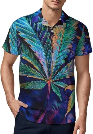 Men's Psychedelic Bright Cannabis Leafs Polo Shirts Short Sleeve Cool Golf Shirt Quick-Dry Activewear Polos