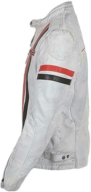 Men's Racing Speed Vintage White Genuine Lambskin Motorcycle Costume Stripe Leather Biker Jacket