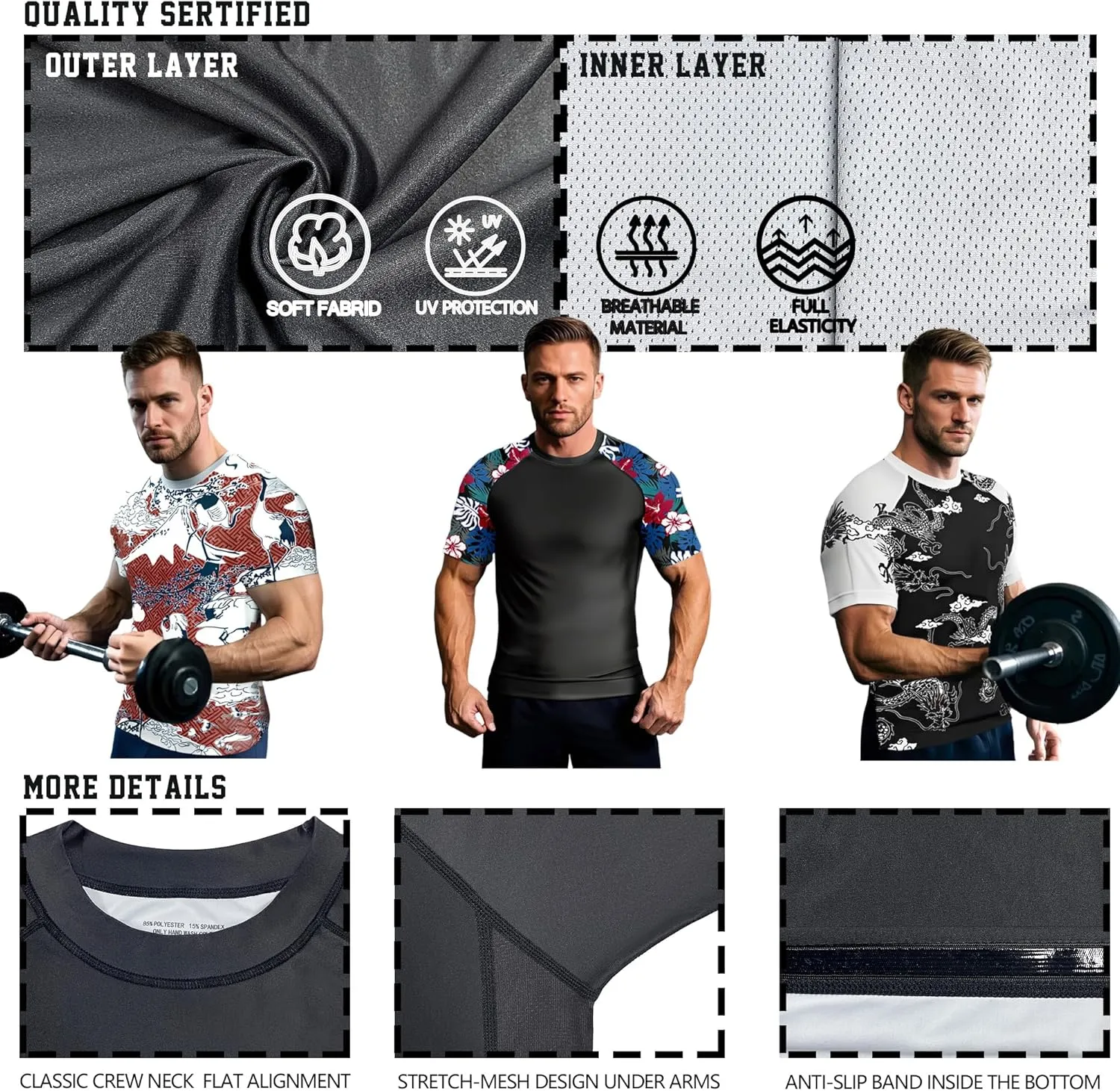 Men's Rash Guard Skins Compression Shirt UPF 50  Quick Dry Short Sleeve Compression Shirts, Athletic Workout Shirt