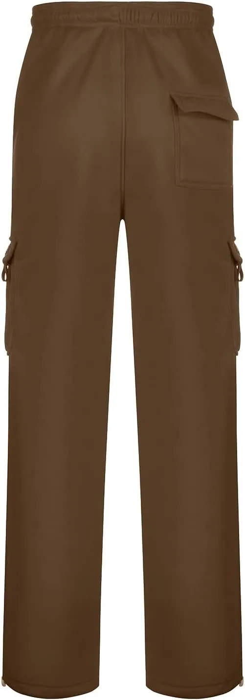 Men's Rope Loosening Waist Solid Color Cargo Pants Loose Sports Trousers with Pockets Hiking Joggers Gym Sweatpant