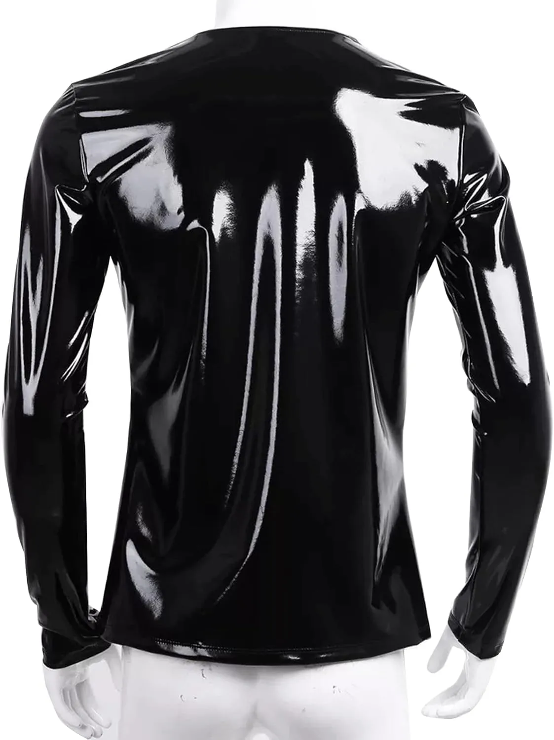 Men's Shiny Metallic Jacket Front Zipper PVC Leather Jacket Slim Fit T-Shirt for Nightout Club