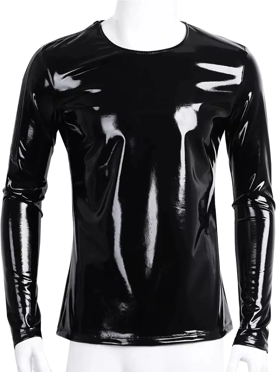 Men's Shiny Metallic Jacket Front Zipper PVC Leather Jacket Slim Fit T-Shirt for Nightout Club