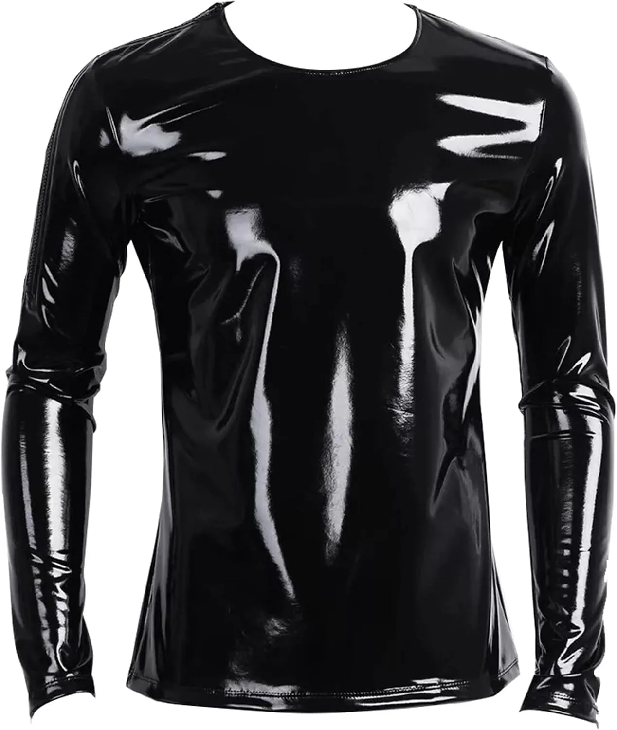 Men's Shiny Metallic Jacket Front Zipper PVC Leather Jacket Slim Fit T-Shirt for Nightout Club