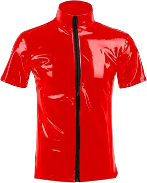 Men's Shiny Metallic Jacket Front Zipper PVC Leather Jacket Slim Fit T-Shirt for Nightout Club