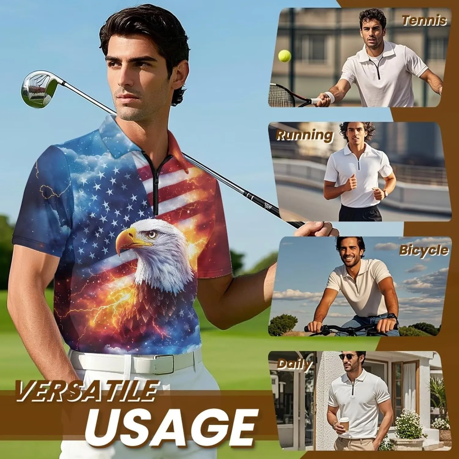 Men's Short Sleeve Shirt Zipper Collar Golf Shirt Summer Quick Dry Athletic Tops Slim Fit Sports Tennis Shirts