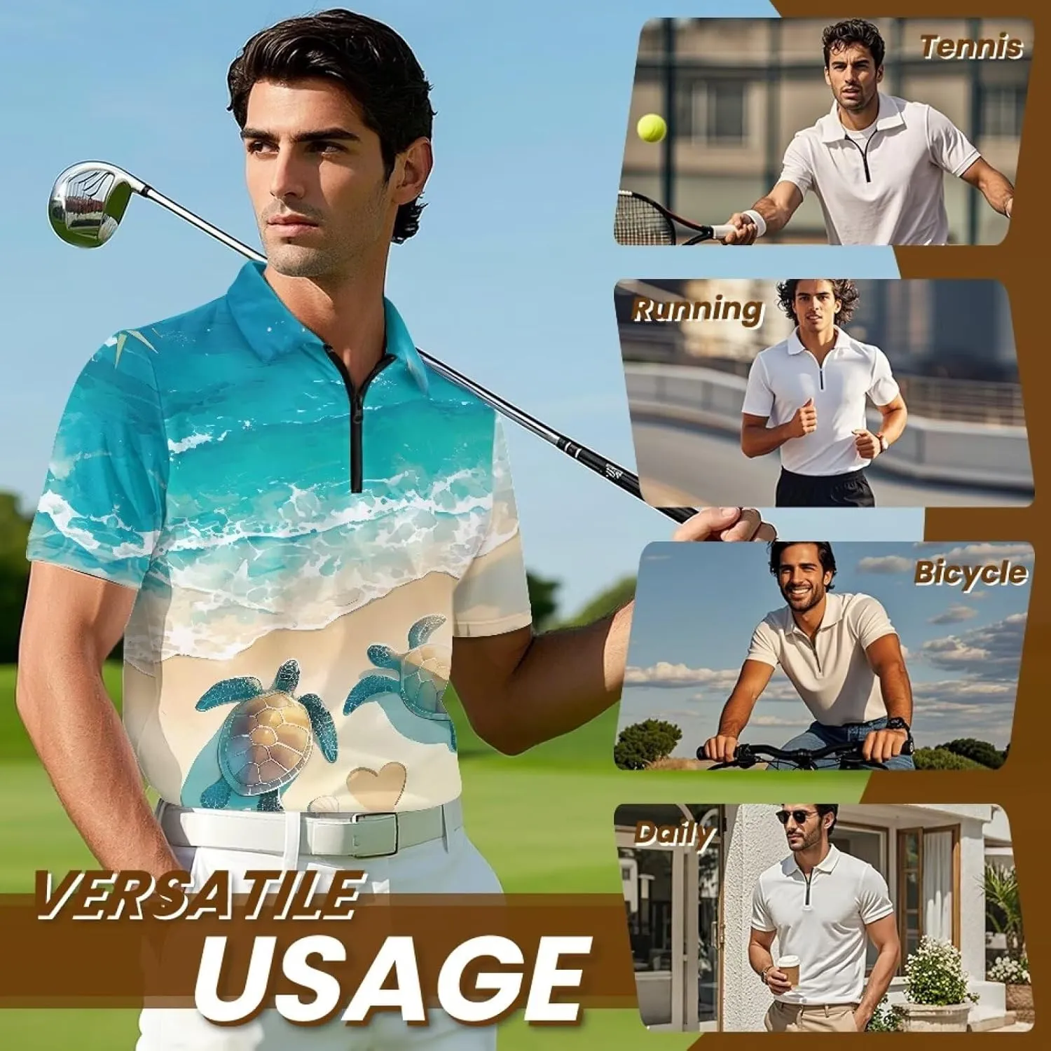 Men's Short Sleeve Shirt Zipper Collar Golf Shirt Summer Quick Dry Athletic Tops Slim Fit Sports Tennis Shirts