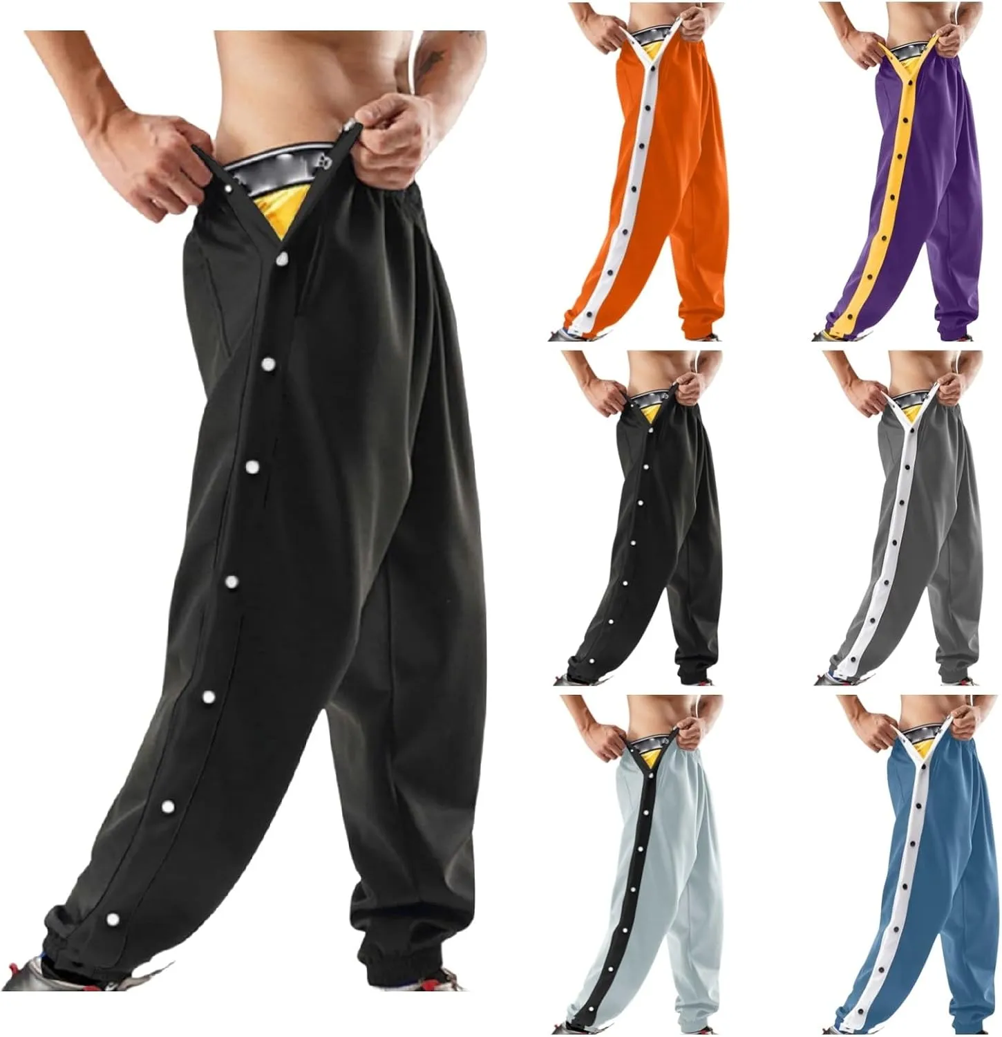 Mens Tear Away Athletic Basketball Pants Side High Split Snap Button Striped Sweatpants Jogger Workout Trousers