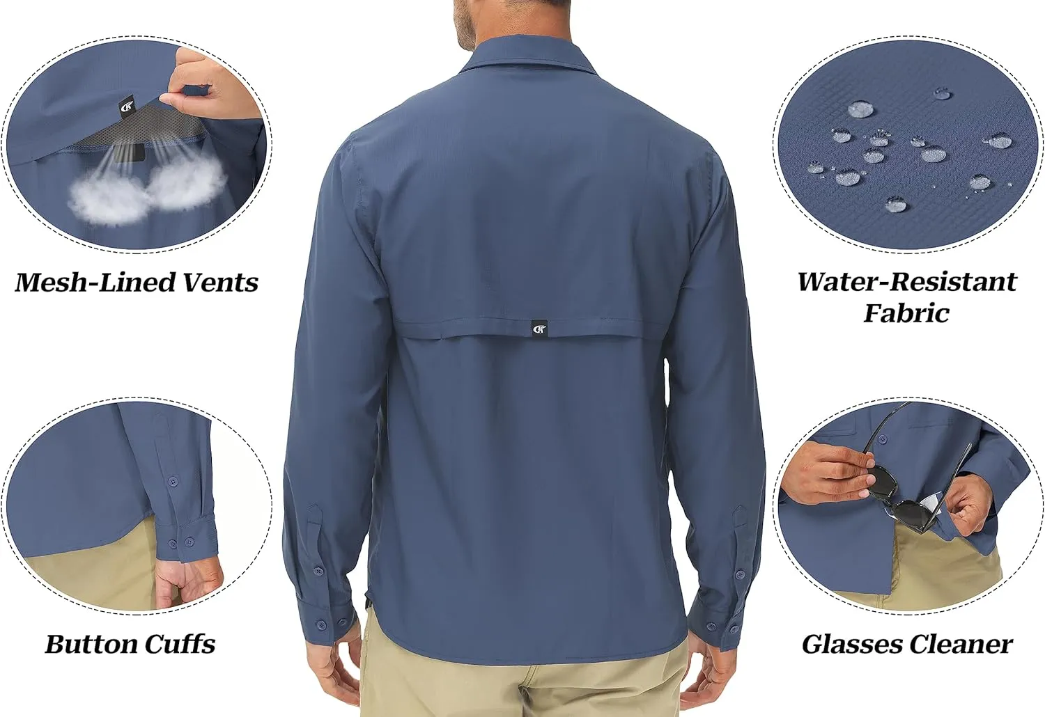 Men's UPF 50  Sun Protection Fishing Shirts Long Sleeve Lightweight Hiking Travel Work Button Down Shirt Zipper Pocket
