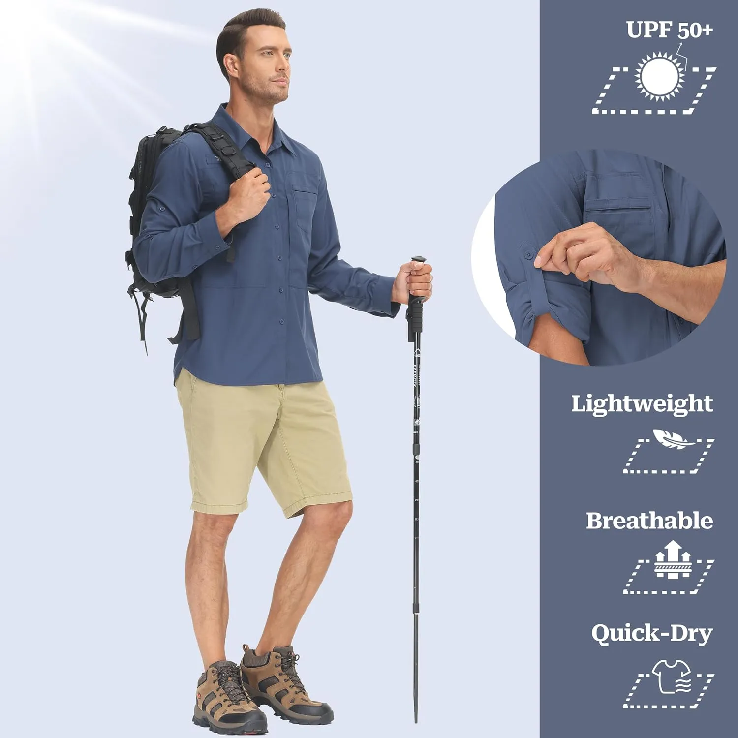 Men's UPF 50  Sun Protection Fishing Shirts Long Sleeve Lightweight Hiking Travel Work Button Down Shirt Zipper Pocket