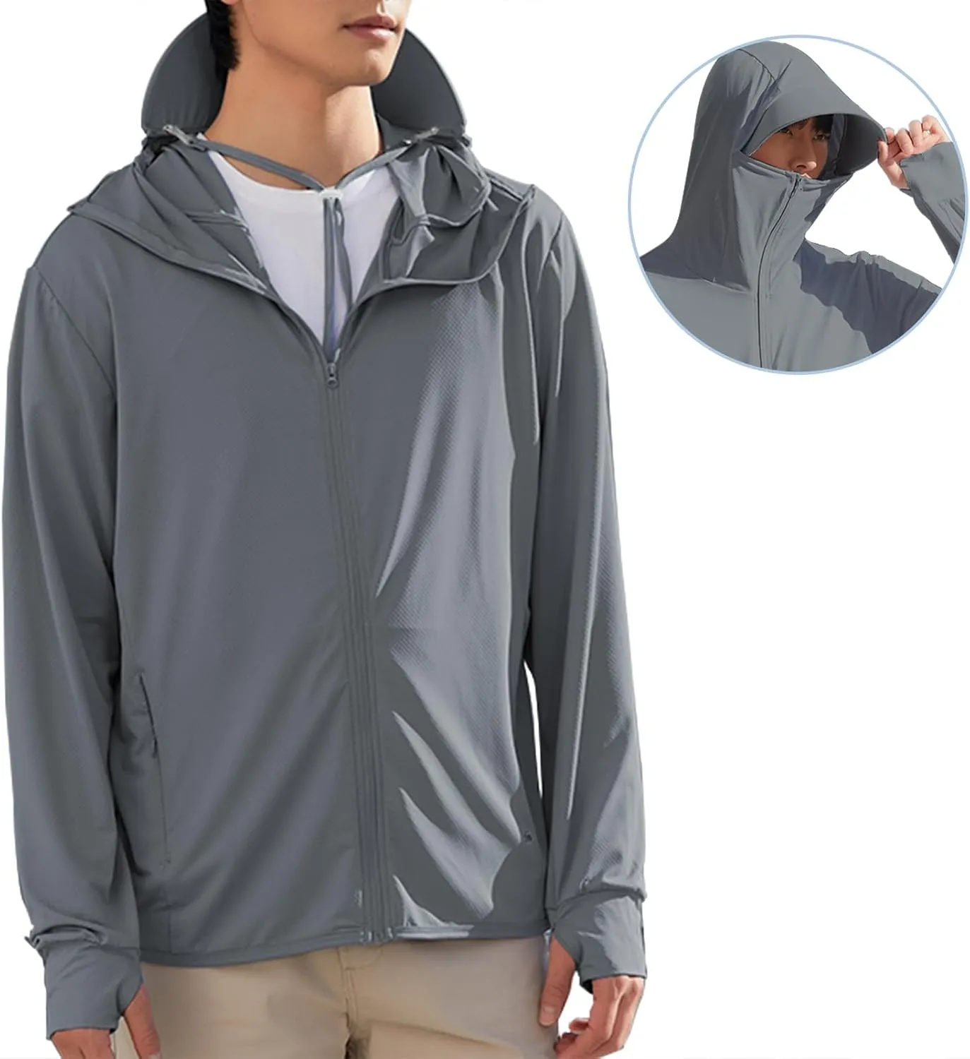 Men's UPF50  Sun Protection Hoodie Long Sleeve Thumbhole Elastic Quick Dry Sun Shirts Full Zipper Fishing Jacket