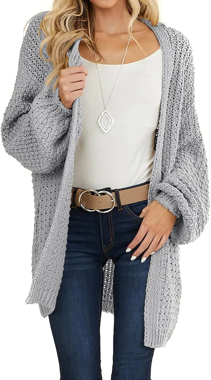 MEROKEETY Women's 2024 Fall Open Front Chunky Knit Sweater Oversized Lantern Sleeve Cardigan Outwear
