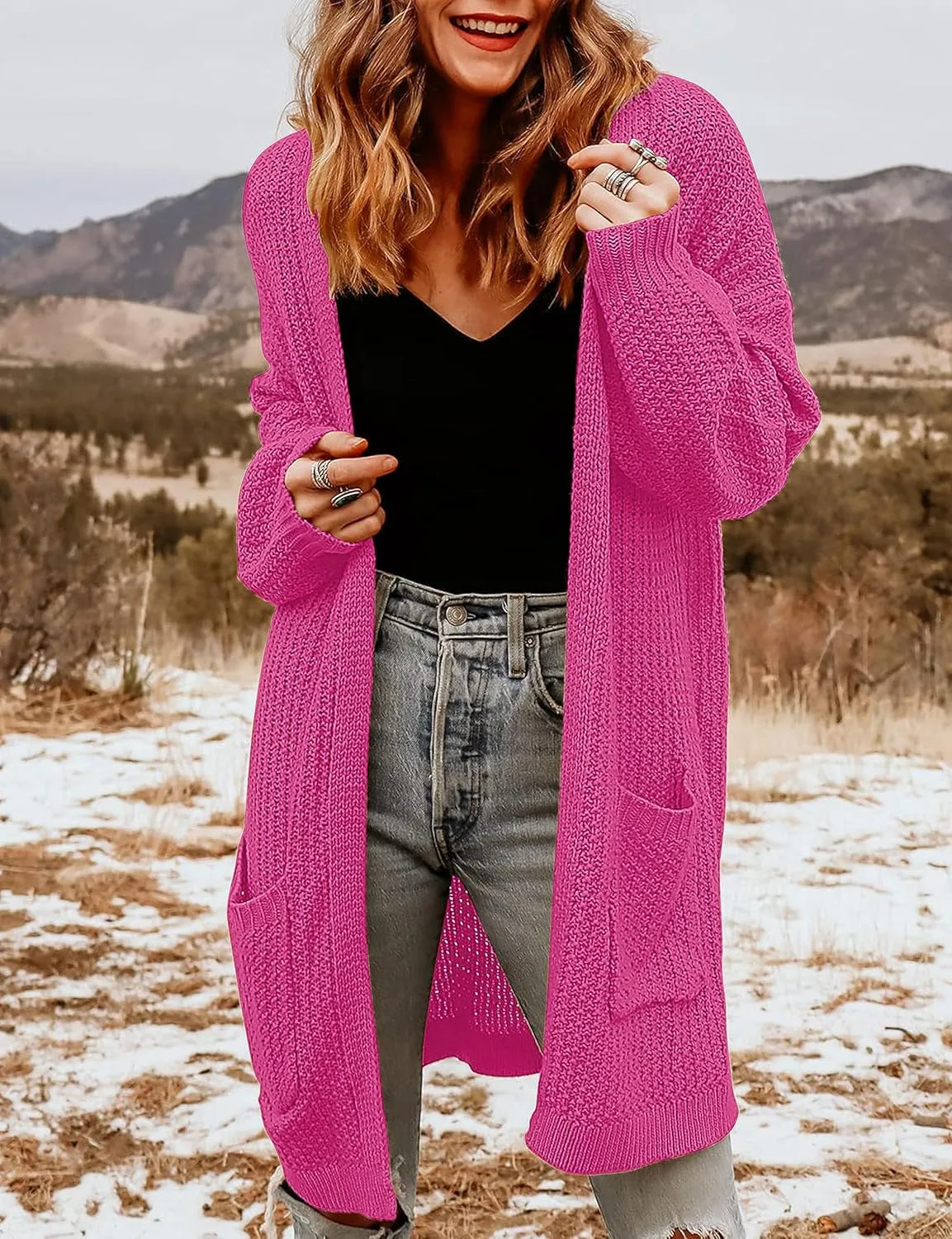 MEROKEETY Women's 2024 Fall Open Front Chunky Knit Sweater Oversized Lantern Sleeve Cardigan Outwear