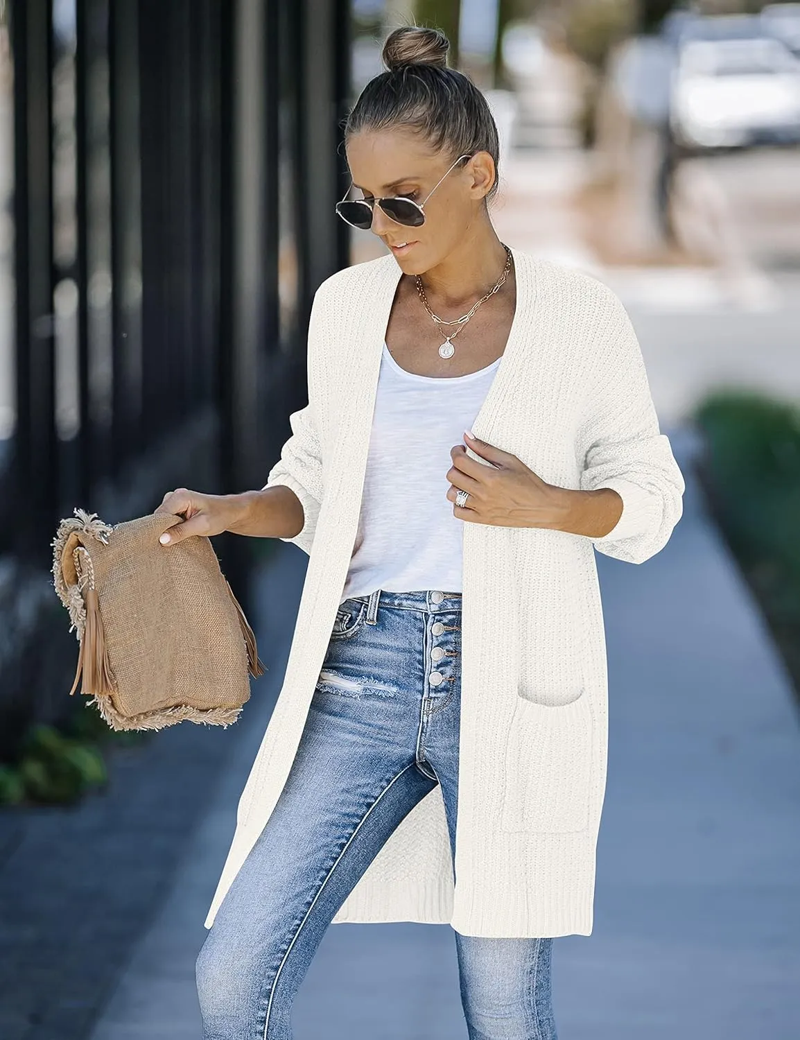 MEROKEETY Women's 2024 Fall Open Front Chunky Knit Sweater Oversized Lantern Sleeve Cardigan Outwear