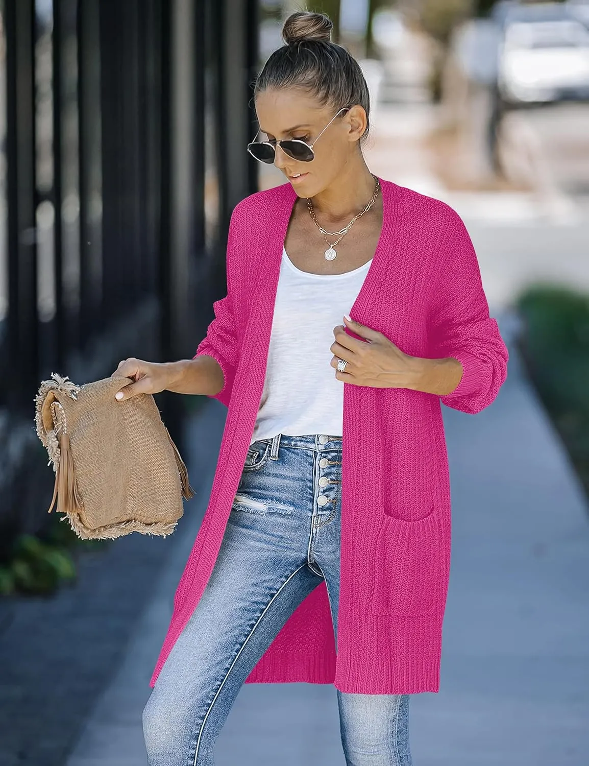 MEROKEETY Women's 2024 Fall Open Front Chunky Knit Sweater Oversized Lantern Sleeve Cardigan Outwear