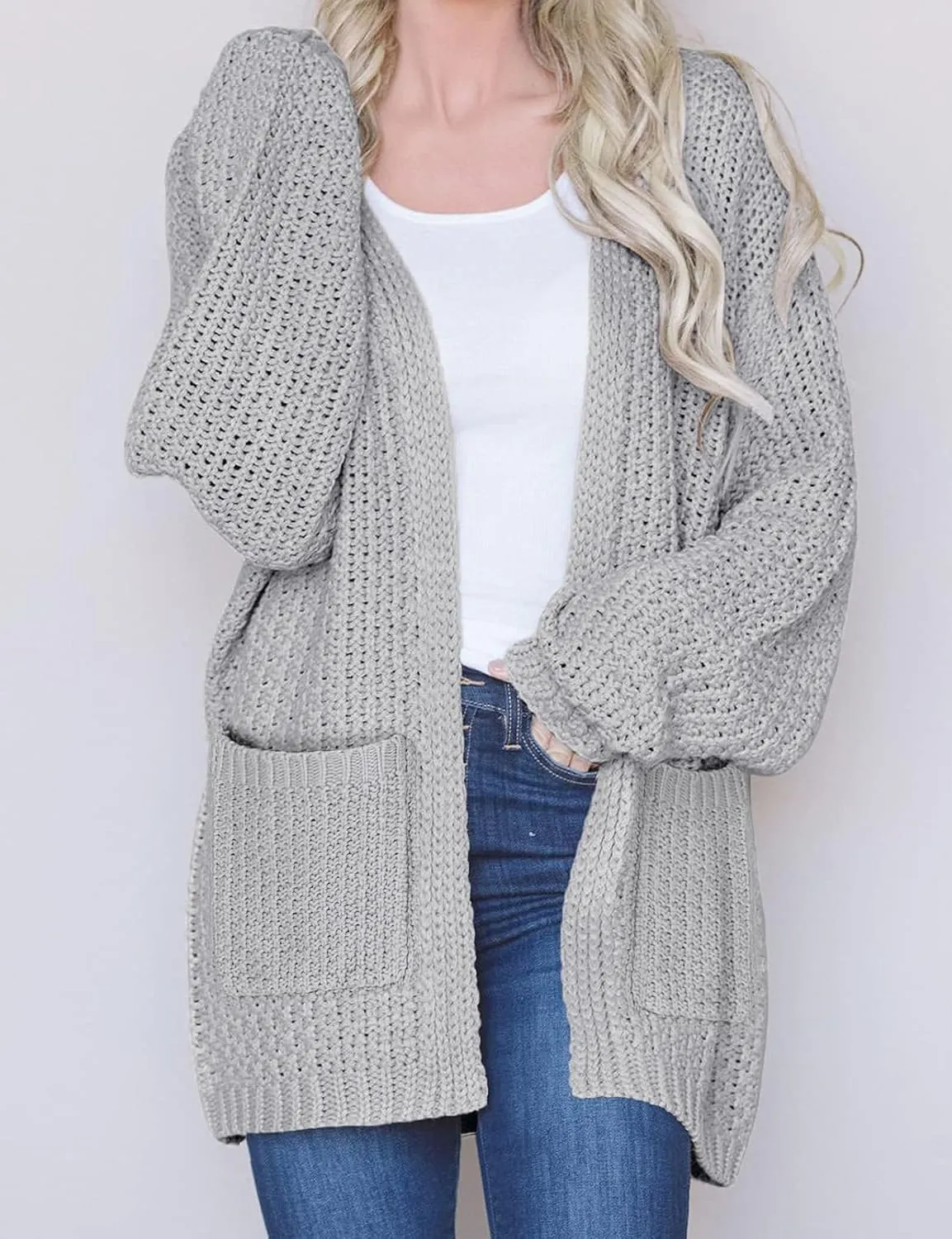MEROKEETY Women's 2024 Fall Open Front Chunky Knit Sweater Oversized Lantern Sleeve Cardigan Outwear