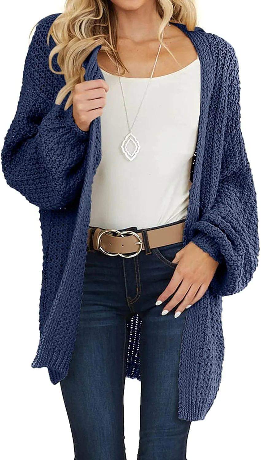 MEROKEETY Women's 2024 Fall Open Front Chunky Knit Sweater Oversized Lantern Sleeve Cardigan Outwear