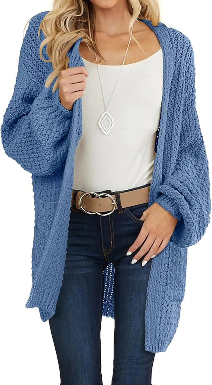 MEROKEETY Women's 2024 Fall Open Front Chunky Knit Sweater Oversized Lantern Sleeve Cardigan Outwear