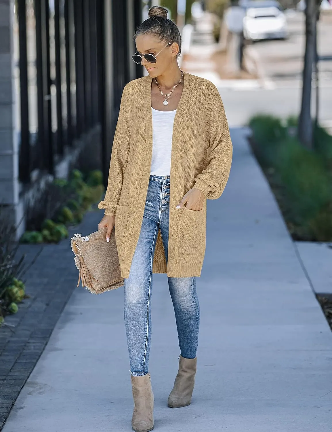 MEROKEETY Women's 2024 Fall Open Front Chunky Knit Sweater Oversized Lantern Sleeve Cardigan Outwear