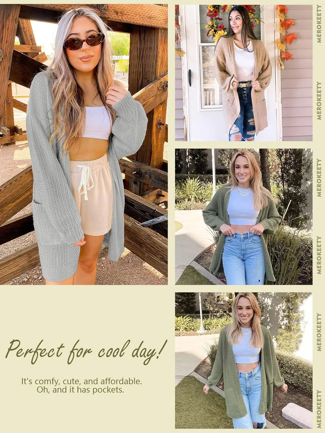 MEROKEETY Women's 2024 Fall Open Front Chunky Knit Sweater Oversized Lantern Sleeve Cardigan Outwear