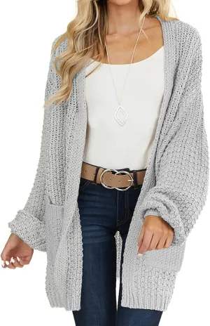 MEROKEETY Women's 2024 Fall Open Front Chunky Knit Sweater Oversized Lantern Sleeve Cardigan Outwear
