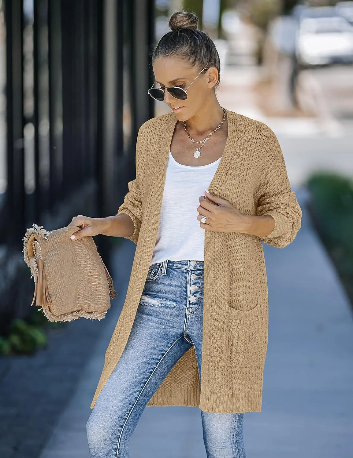 MEROKEETY Women's 2024 Fall Open Front Chunky Knit Sweater Oversized Lantern Sleeve Cardigan Outwear