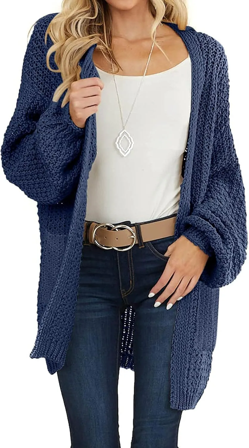 MEROKEETY Women's 2024 Fall Open Front Chunky Knit Sweater Oversized Lantern Sleeve Cardigan Outwear