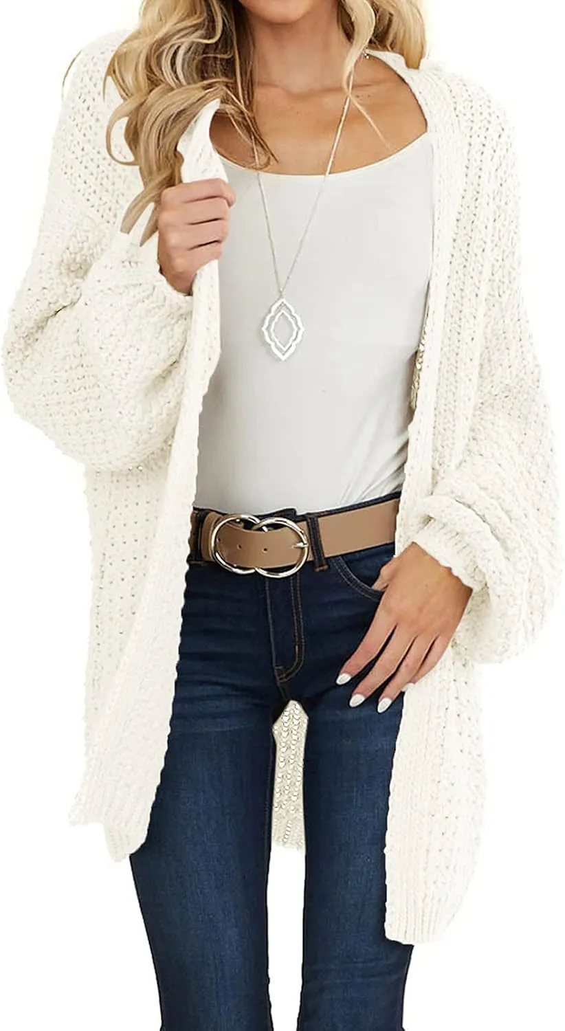 MEROKEETY Women's 2024 Fall Open Front Chunky Knit Sweater Oversized Lantern Sleeve Cardigan Outwear