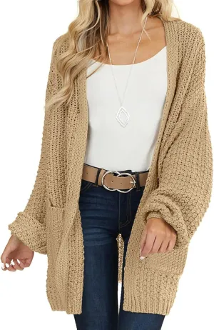 MEROKEETY Women's 2024 Fall Open Front Chunky Knit Sweater Oversized Lantern Sleeve Cardigan Outwear
