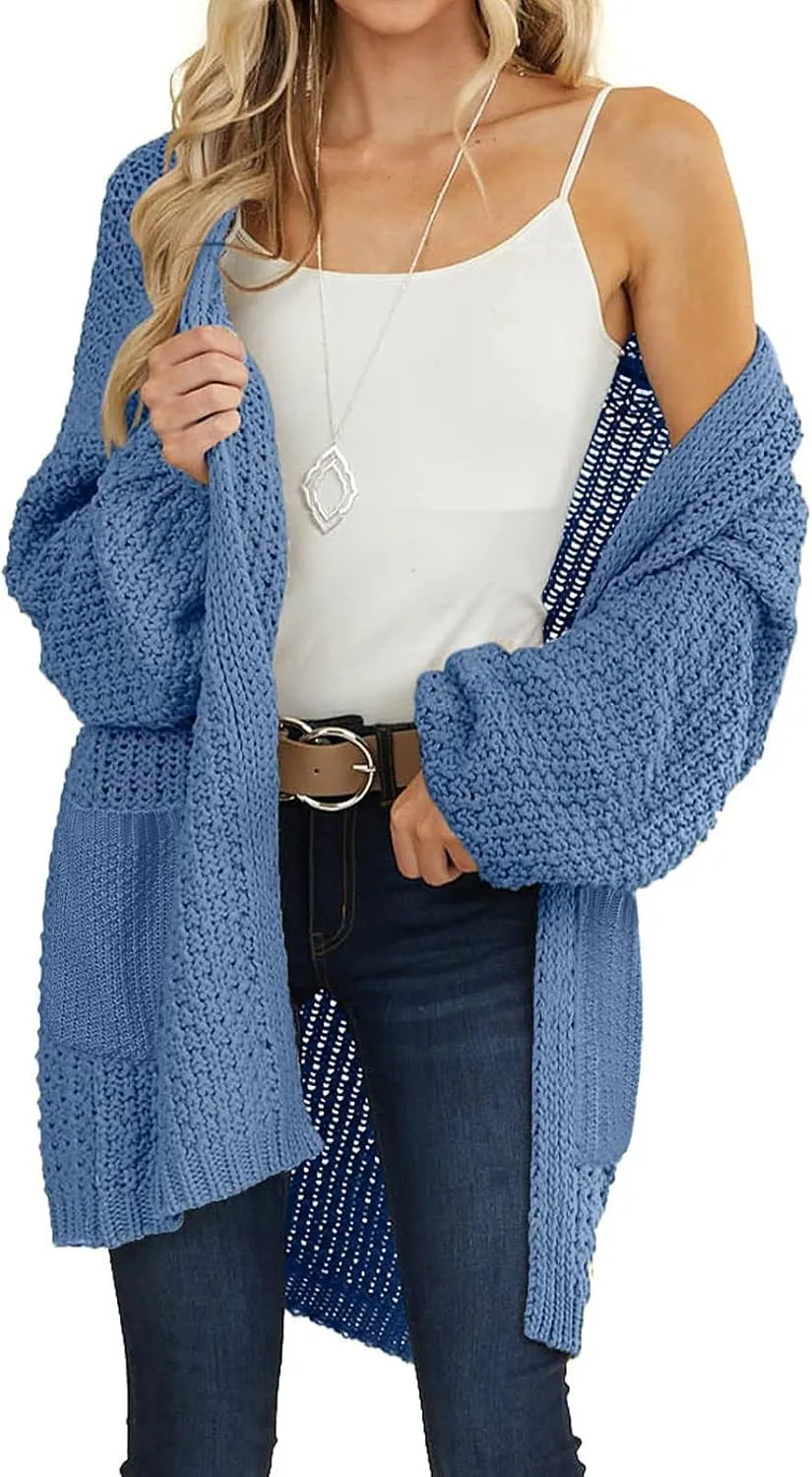 MEROKEETY Women's 2024 Fall Open Front Chunky Knit Sweater Oversized Lantern Sleeve Cardigan Outwear
