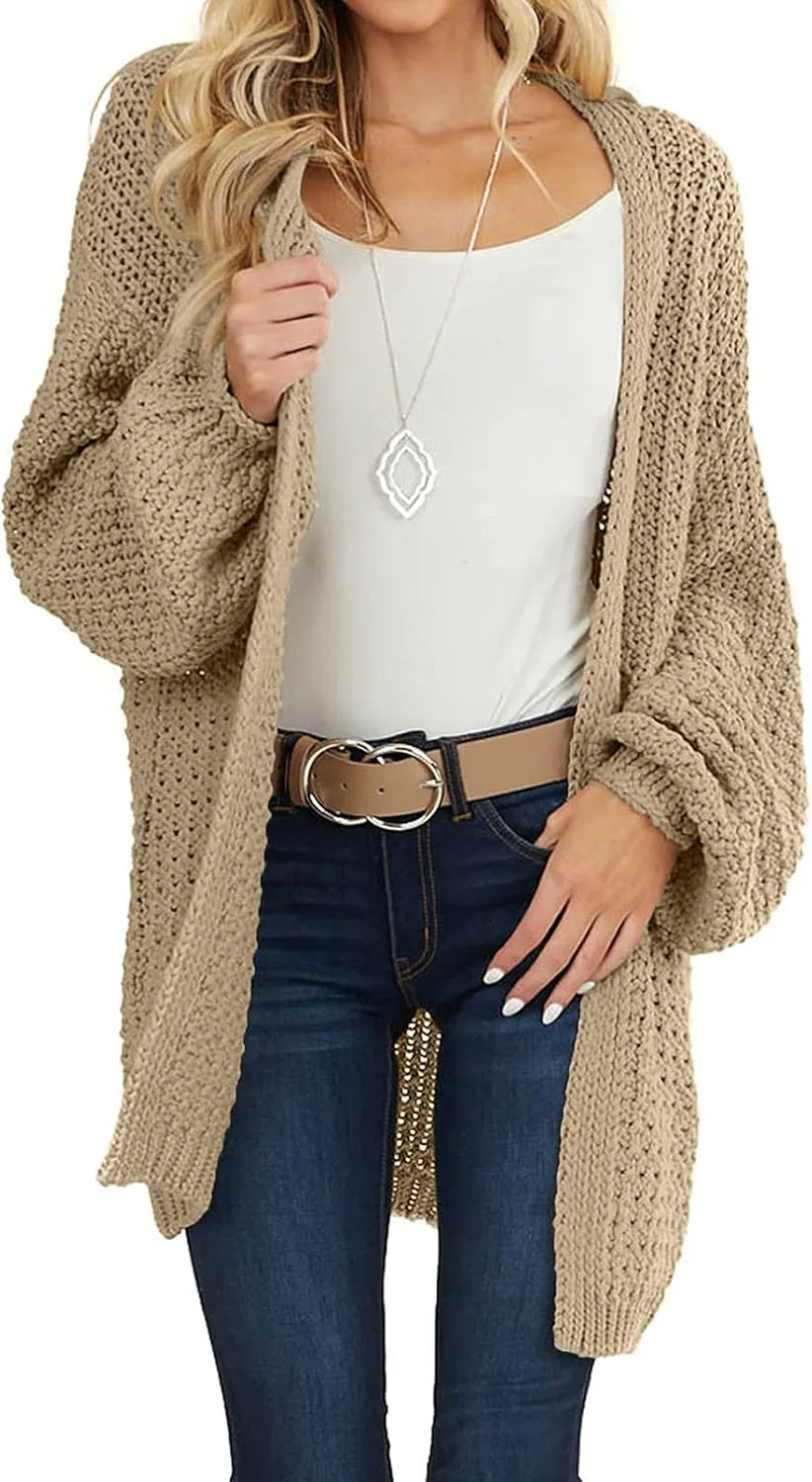 MEROKEETY Women's 2024 Fall Open Front Chunky Knit Sweater Oversized Lantern Sleeve Cardigan Outwear