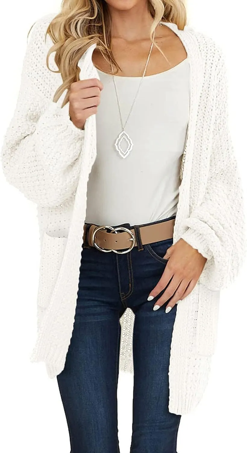 MEROKEETY Women's 2024 Fall Open Front Chunky Knit Sweater Oversized Lantern Sleeve Cardigan Outwear