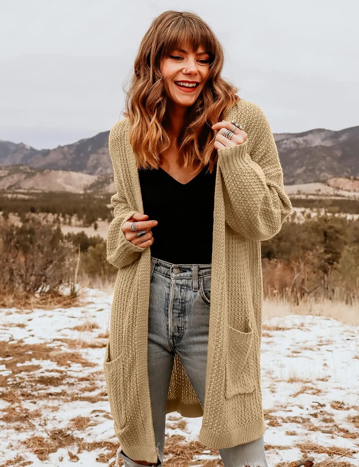 MEROKEETY Women's 2024 Fall Open Front Chunky Knit Sweater Oversized Lantern Sleeve Cardigan Outwear