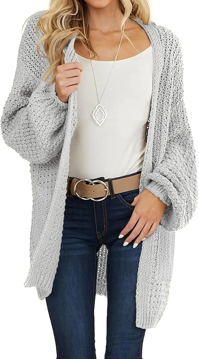 MEROKEETY Women's 2024 Fall Open Front Chunky Knit Sweater Oversized Lantern Sleeve Cardigan Outwear