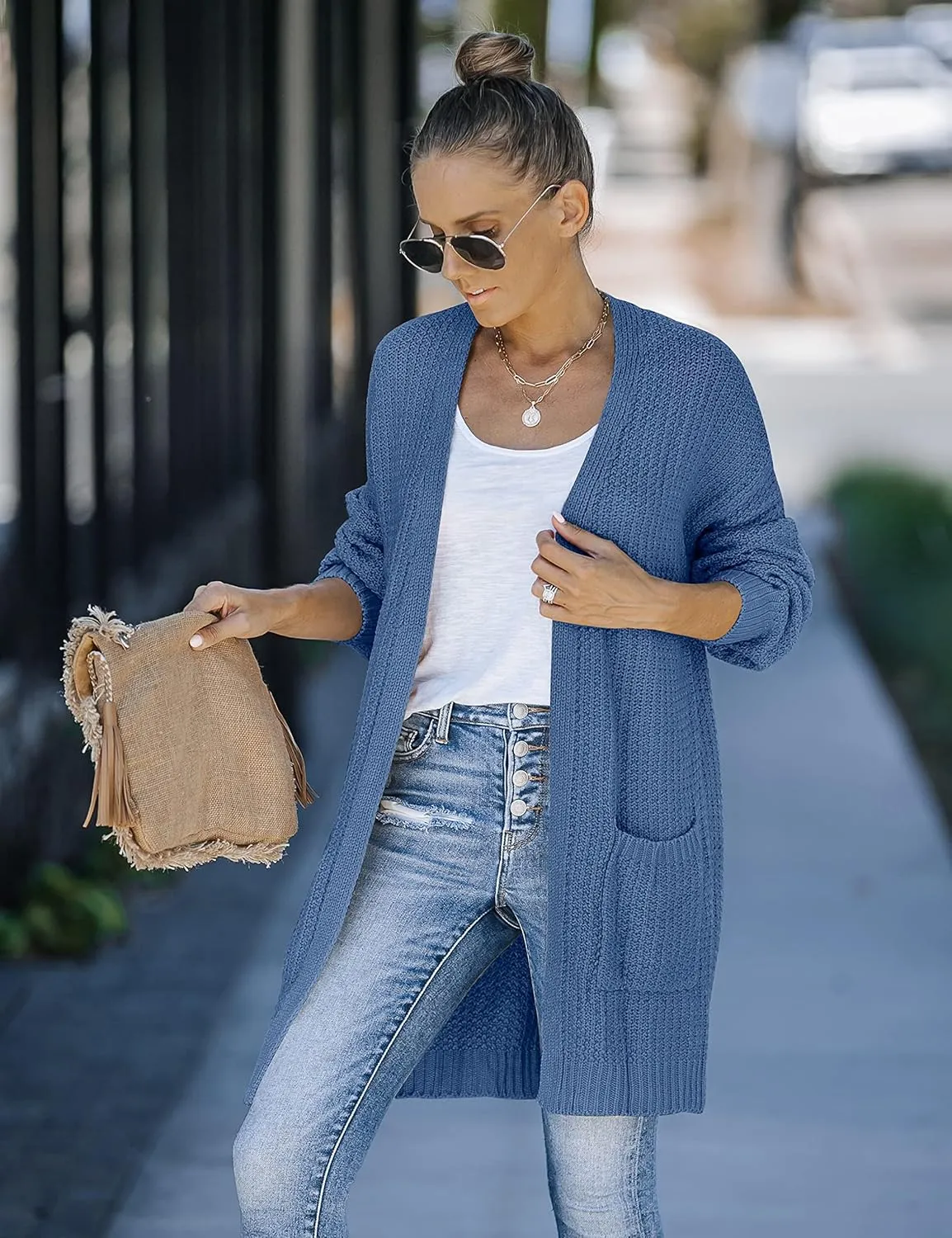 MEROKEETY Women's 2024 Fall Open Front Chunky Knit Sweater Oversized Lantern Sleeve Cardigan Outwear