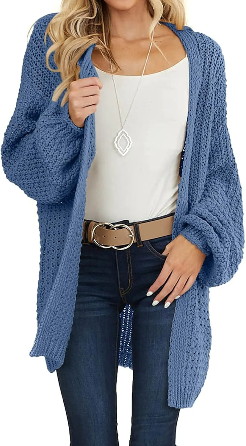 MEROKEETY Women's 2024 Fall Open Front Chunky Knit Sweater Oversized Lantern Sleeve Cardigan Outwear