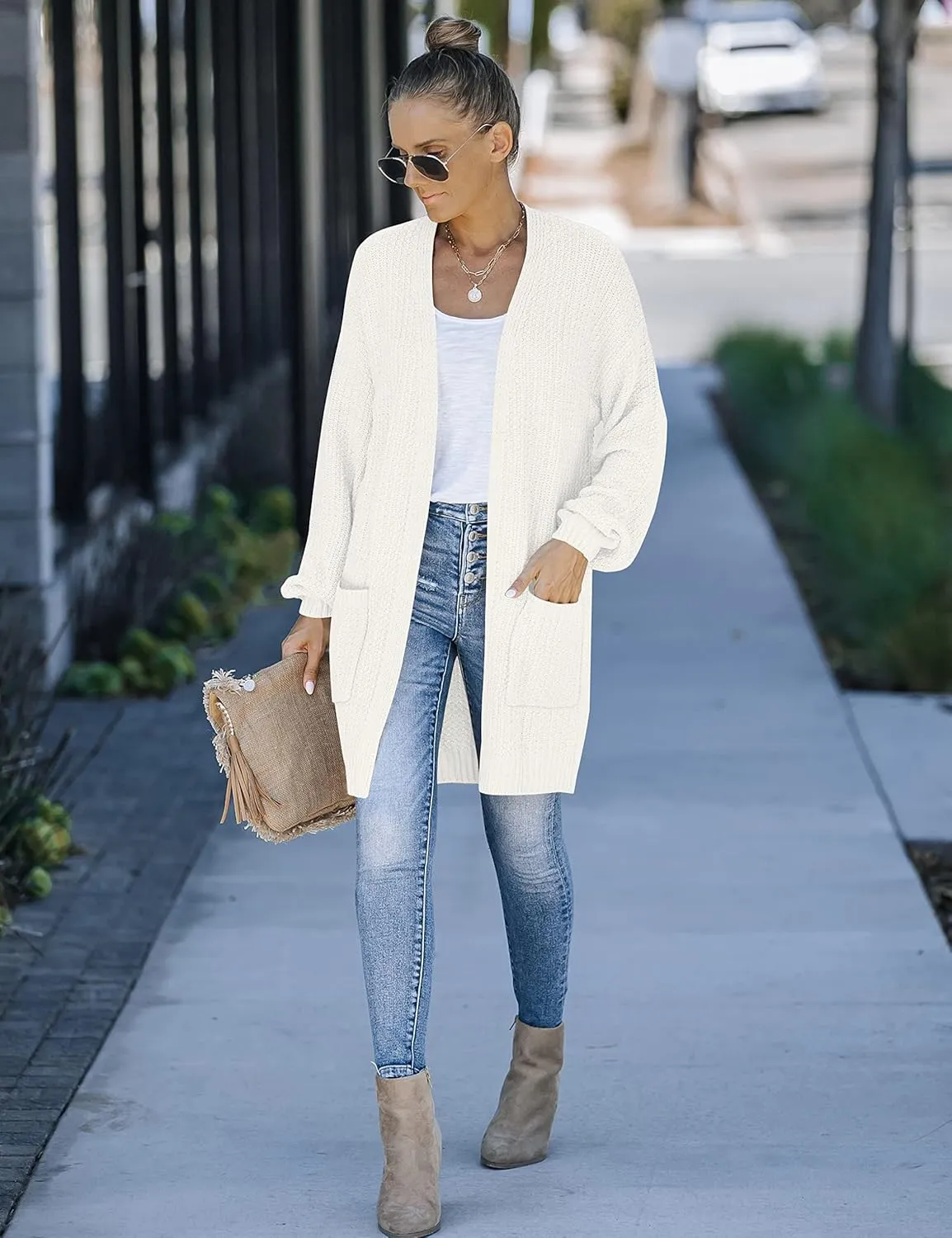 MEROKEETY Women's 2024 Fall Open Front Chunky Knit Sweater Oversized Lantern Sleeve Cardigan Outwear