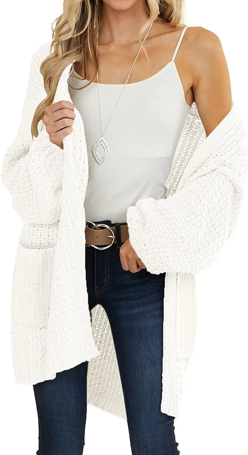 MEROKEETY Women's 2024 Fall Open Front Chunky Knit Sweater Oversized Lantern Sleeve Cardigan Outwear