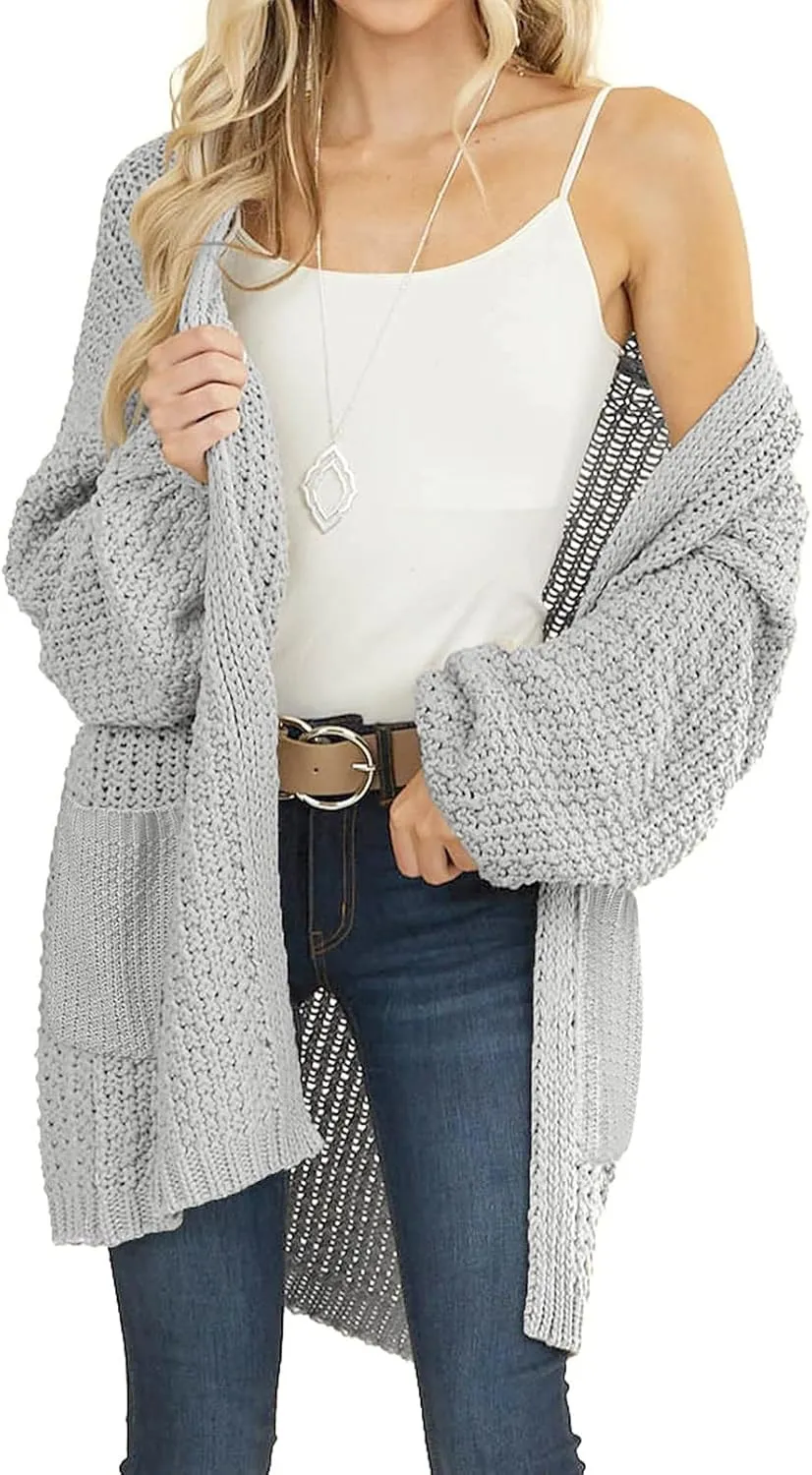 MEROKEETY Women's 2024 Fall Open Front Chunky Knit Sweater Oversized Lantern Sleeve Cardigan Outwear