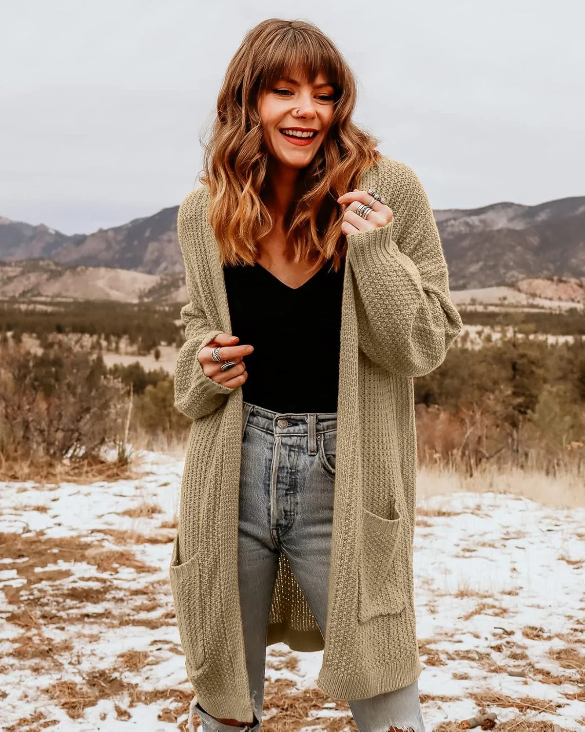 MEROKEETY Women's 2024 Fall Open Front Chunky Knit Sweater Oversized Lantern Sleeve Cardigan Outwear
