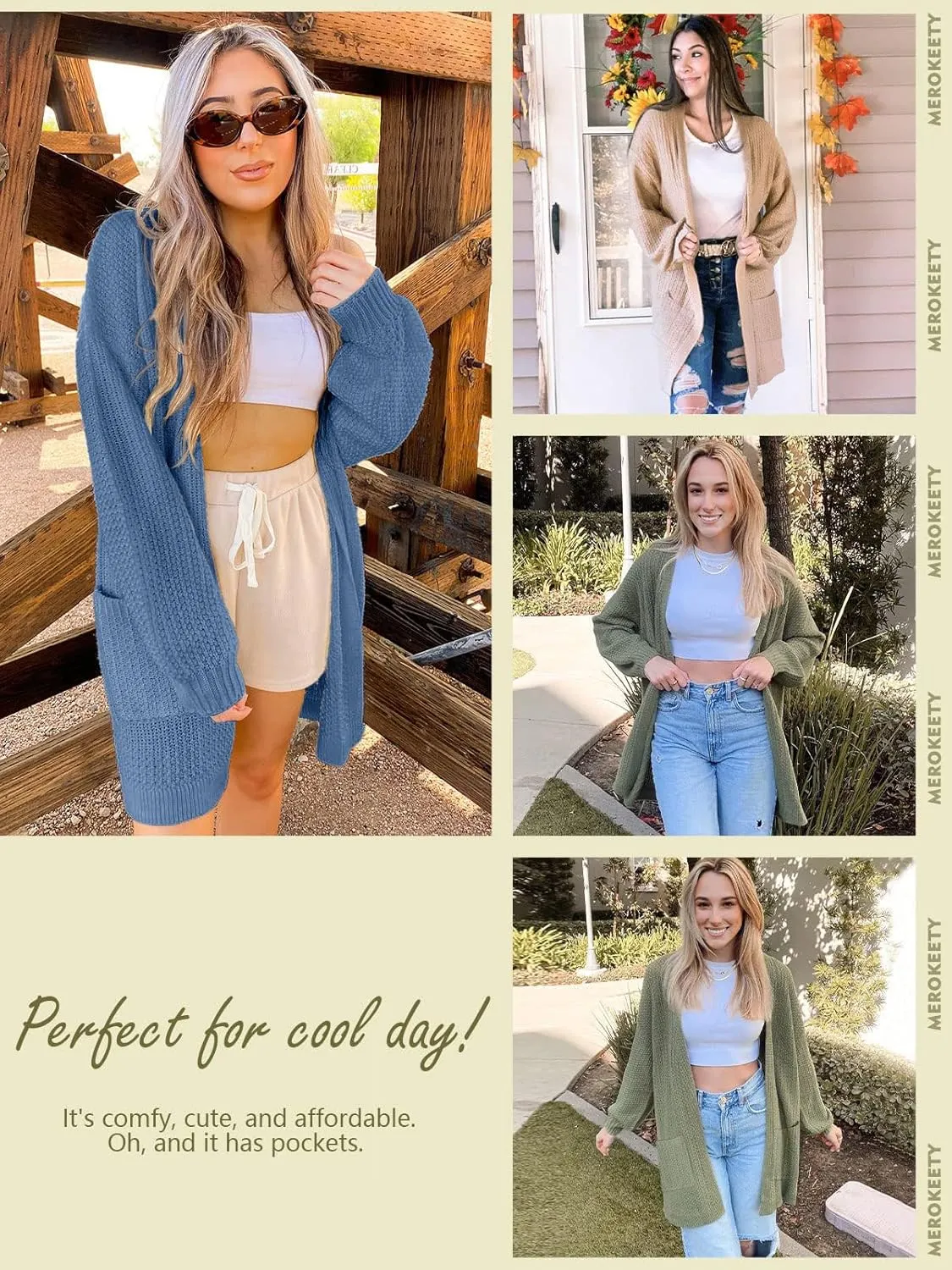 MEROKEETY Women's 2024 Fall Open Front Chunky Knit Sweater Oversized Lantern Sleeve Cardigan Outwear