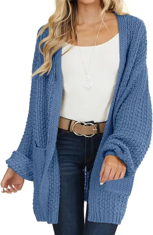 MEROKEETY Women's 2024 Fall Open Front Chunky Knit Sweater Oversized Lantern Sleeve Cardigan Outwear