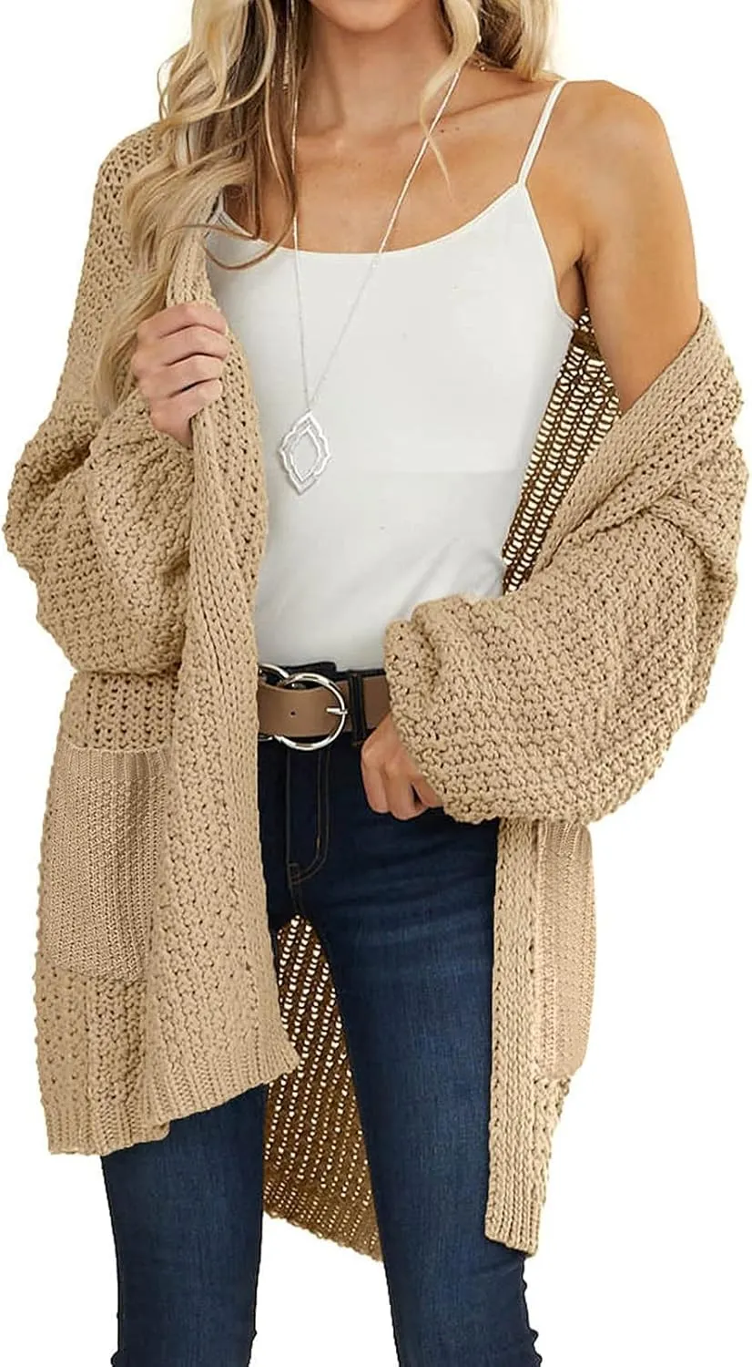 MEROKEETY Women's 2024 Fall Open Front Chunky Knit Sweater Oversized Lantern Sleeve Cardigan Outwear