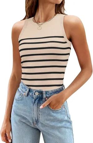 MEROKEETY Women's Ribbed Knit Tank Top 2025 Summer Casual High Neck Striped Sleeveless Shirts