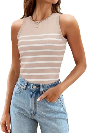 MEROKEETY Women's Ribbed Knit Tank Top 2025 Summer Casual High Neck Striped Sleeveless Shirts