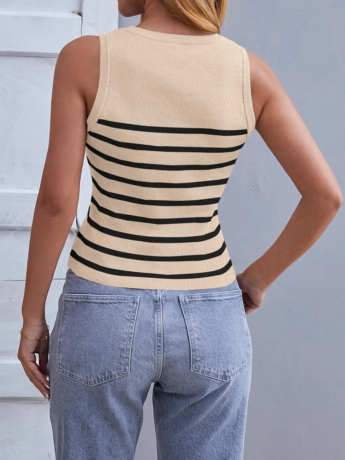 MEROKEETY Women's Ribbed Knit Tank Top 2025 Summer Casual High Neck Striped Sleeveless Shirts