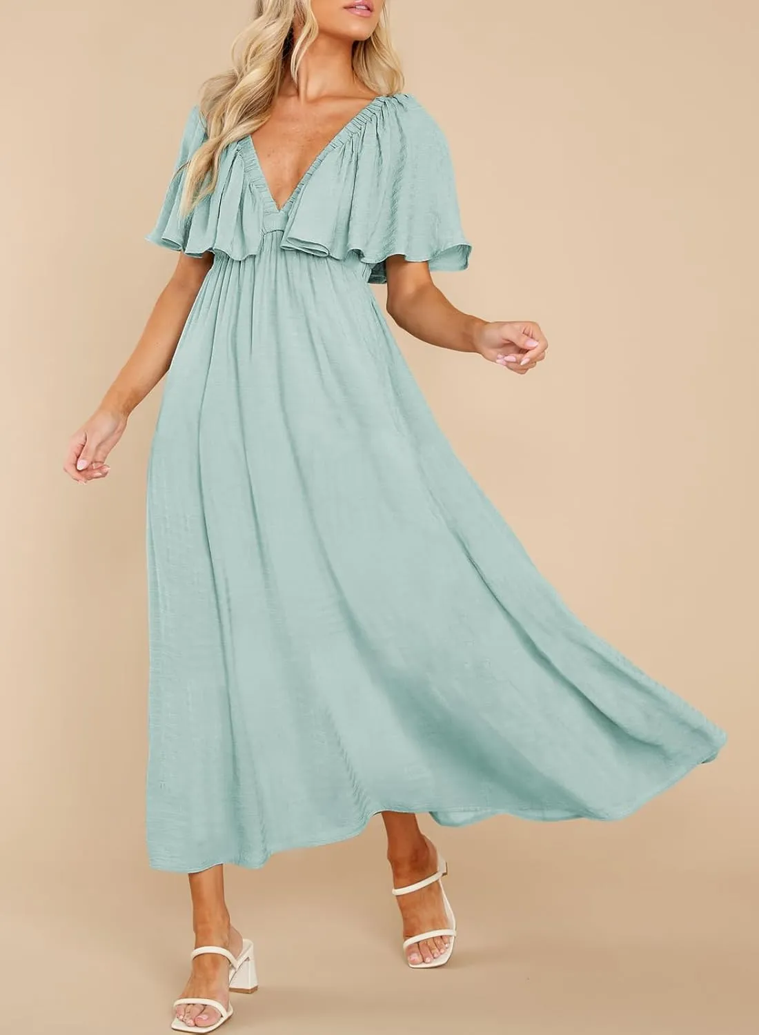 miduo Womens Deep V Neck Flutter Short Sleeve Open Back Flowy Maxi Long Dresses